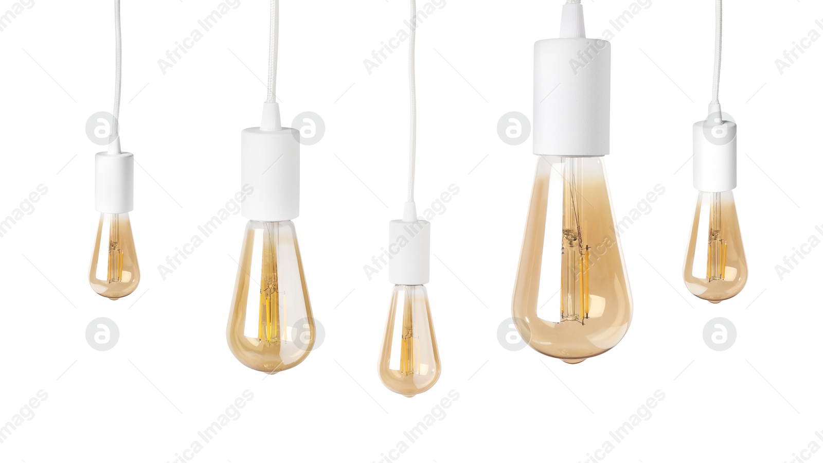 Image of Light bulbs hanging on white background. Banner design