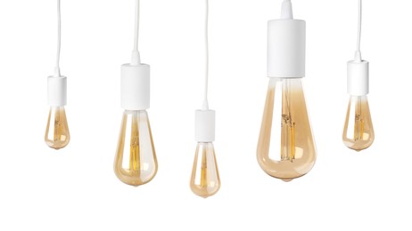 Image of Light bulbs hanging on white background. Banner design