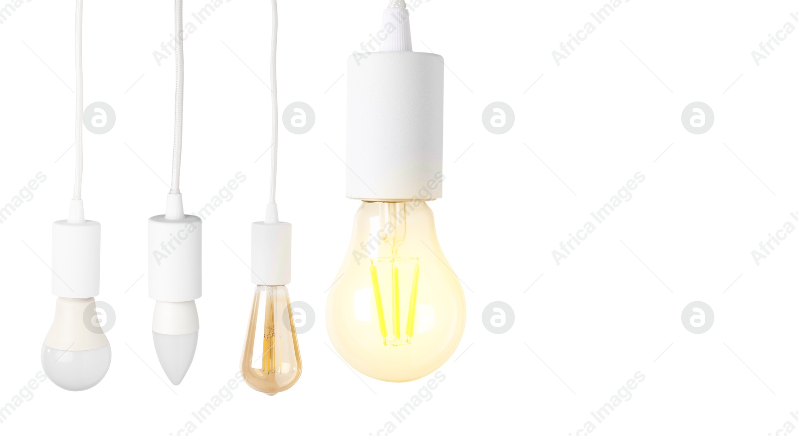 Image of Different light bulbs hanging on white background. Banner design with space for text