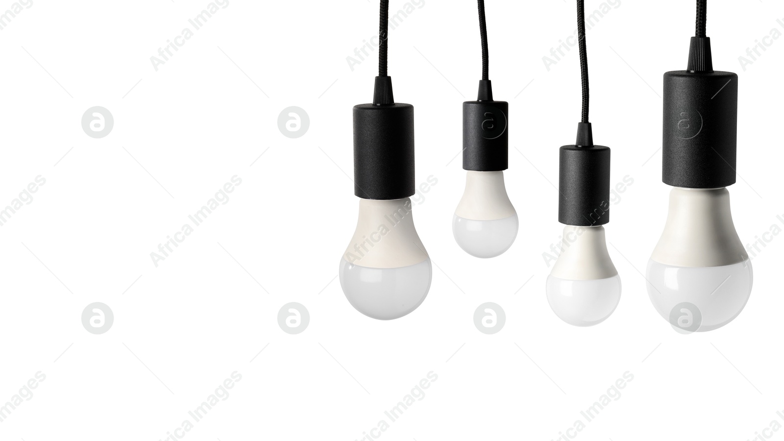 Image of Light bulbs hanging on white background. Banner design with space for text