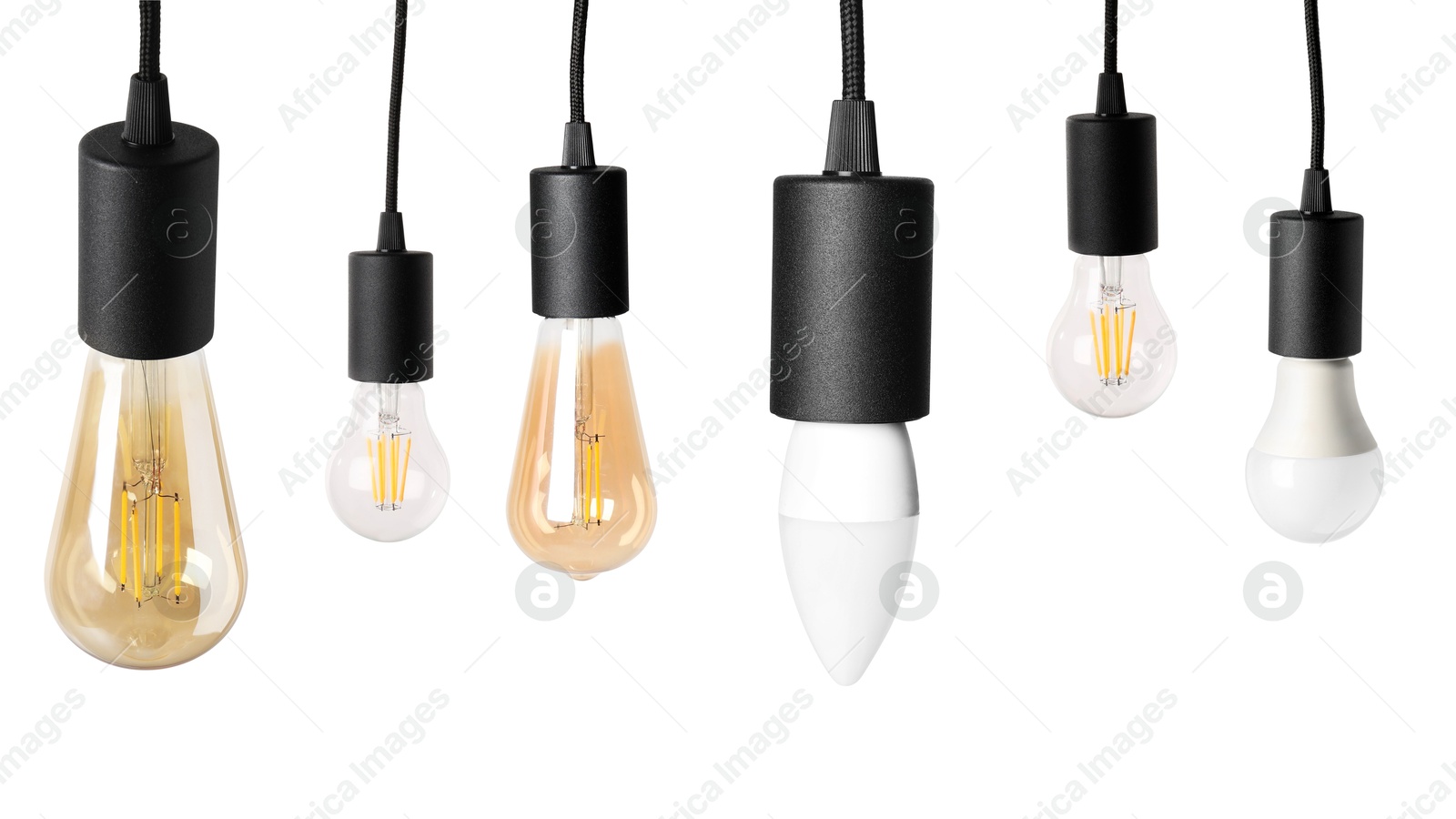 Image of Different light bulbs hanging on white background. Banner design