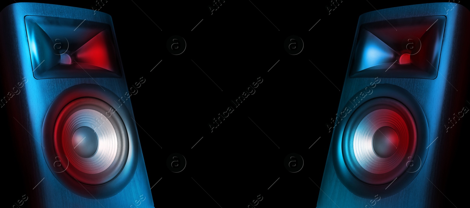 Image of Two sound speakers on black background, banner design