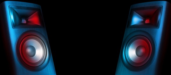 Image of Two sound speakers on black background, banner design