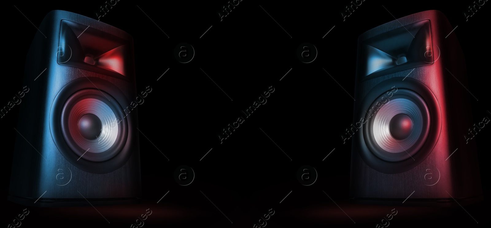 Image of Two sound speakers on black background, banner design