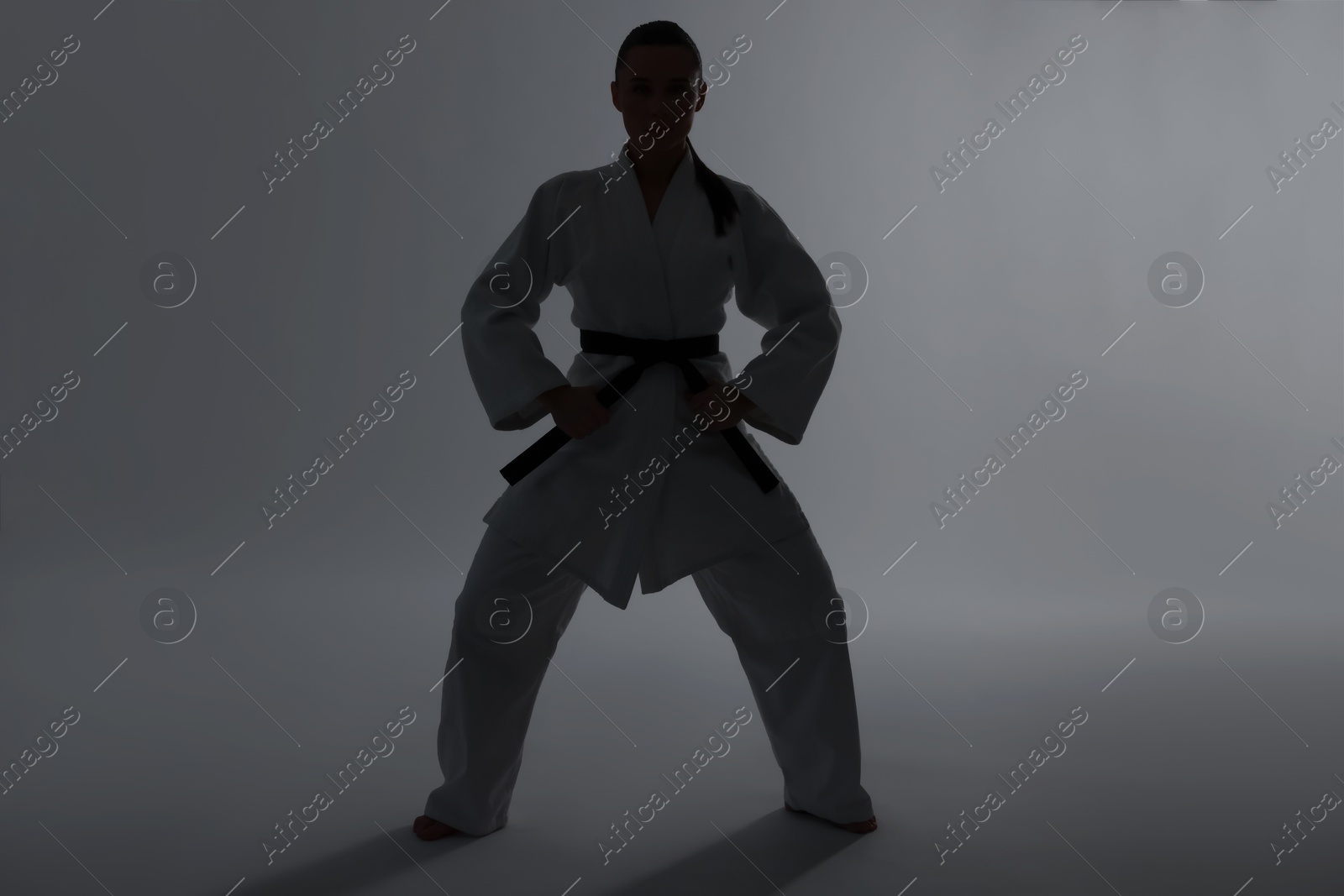 Photo of Silhouette of woman in kimono practicing karate on light background