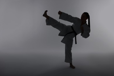 Photo of Silhouette of woman in kimono practicing karate on light background