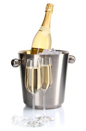 Photo of Champagne and bucket with ice isolated on white