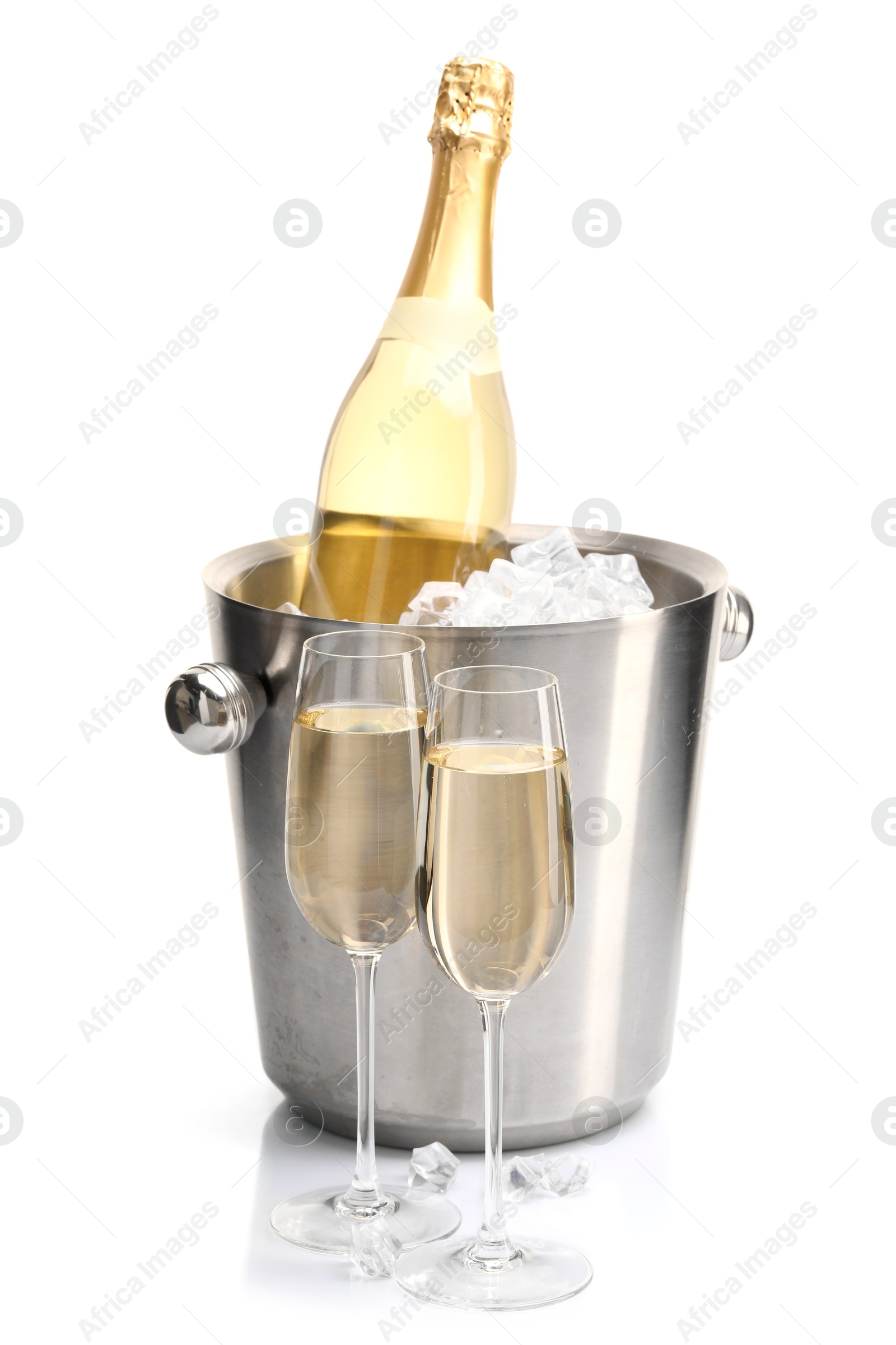 Photo of Champagne and bucket with ice isolated on white