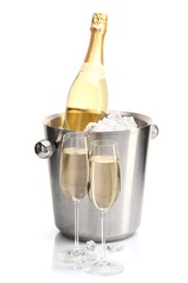 Photo of Champagne and bucket with ice isolated on white