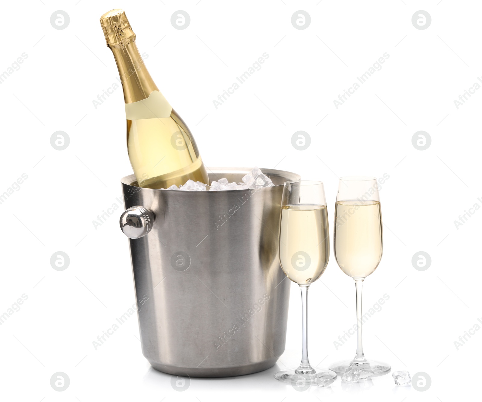 Photo of Champagne and bucket with ice isolated on white