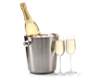 Photo of Champagne and bucket with ice isolated on white