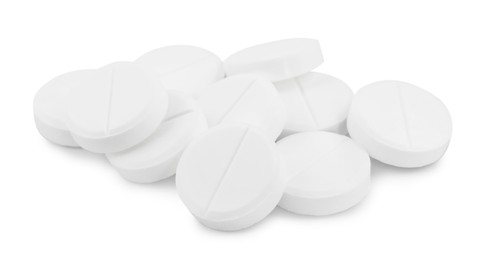 Photo of Pile of antibiotic pills on light grey background, closeup