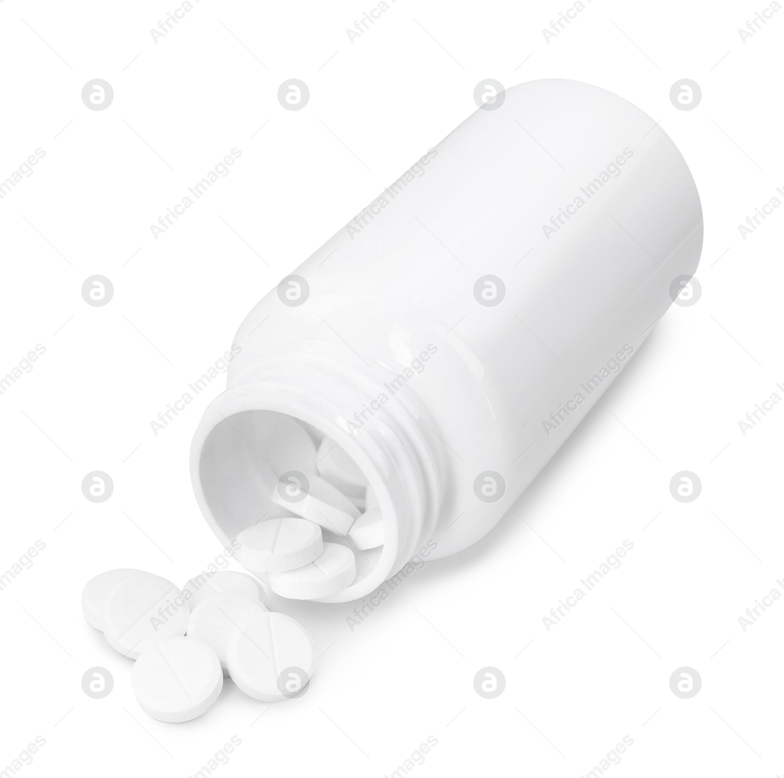 Photo of Antibiotic pills with medical bottle on white background