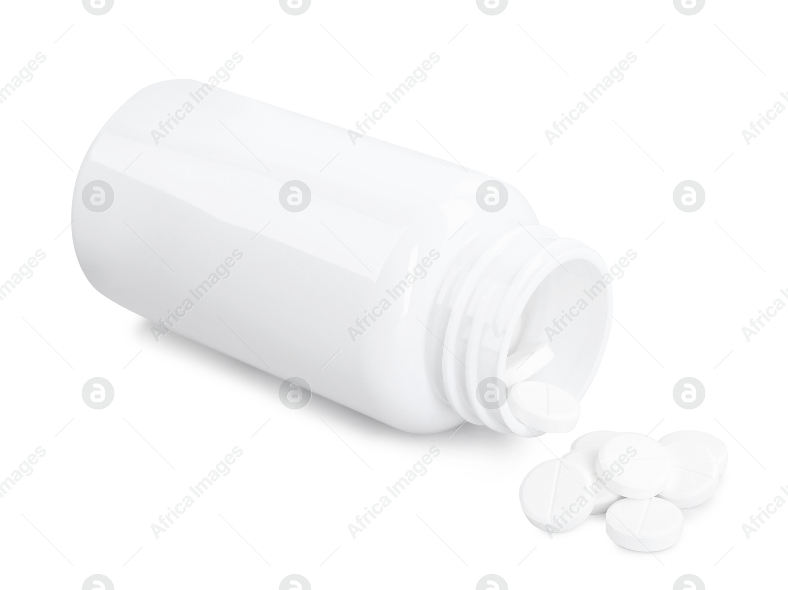 Photo of Antibiotic pills with medical bottle on white background