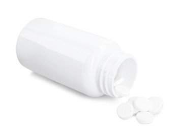 Photo of Antibiotic pills with medical bottle on white background