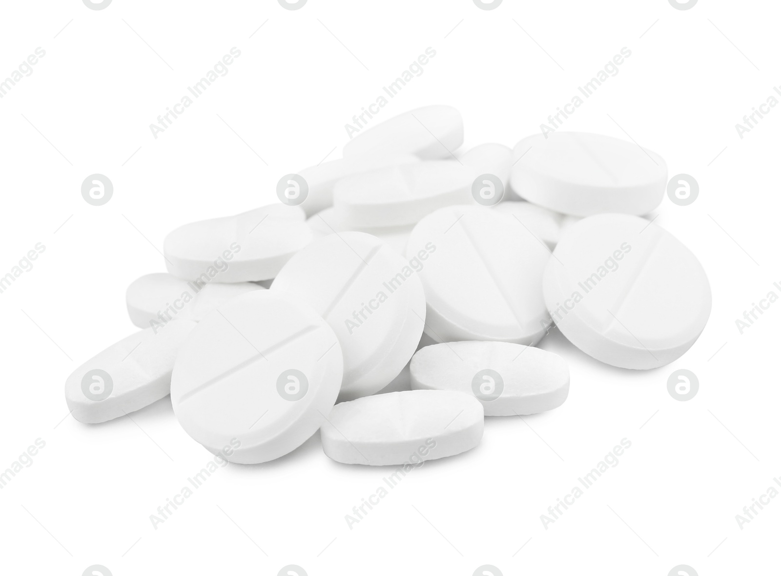 Photo of Pile of antibiotic pills on light grey background, closeup