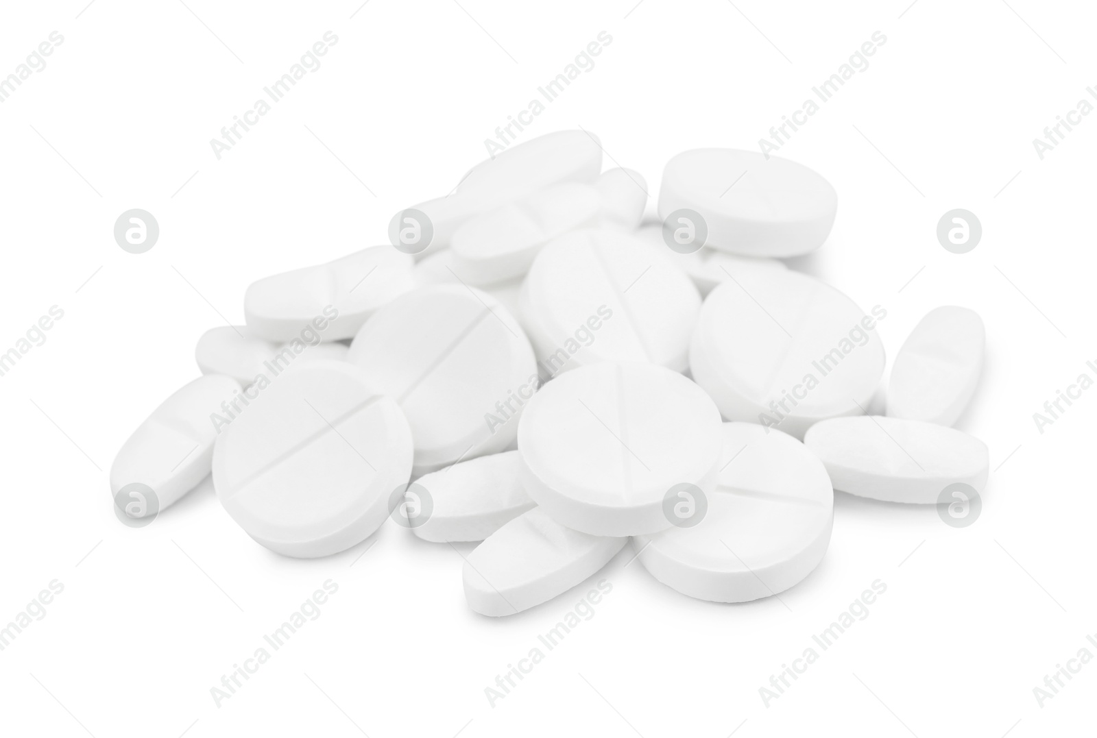 Photo of Pile of antibiotic pills on light grey background, closeup