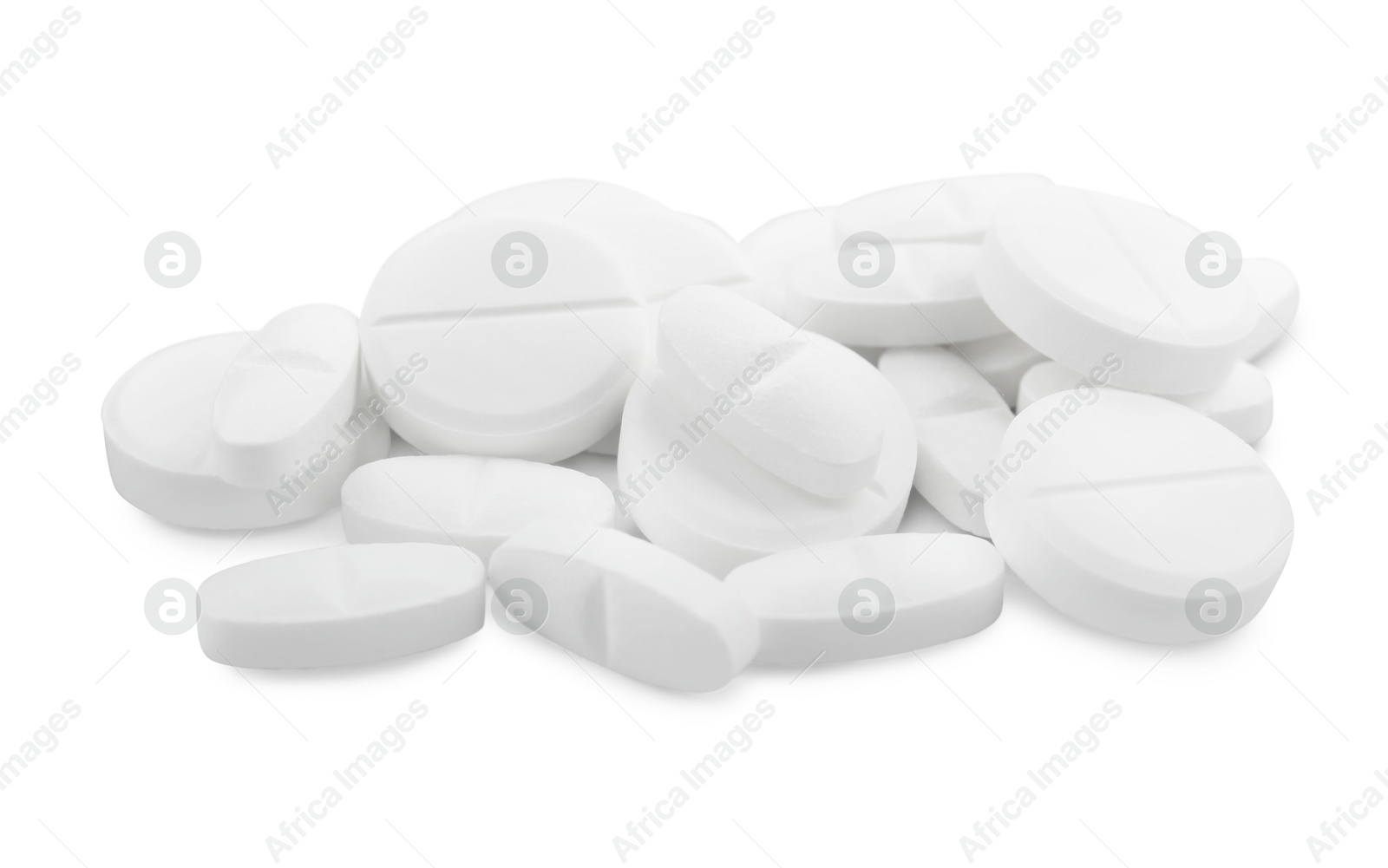 Photo of Pile of antibiotic pills on light grey background, closeup