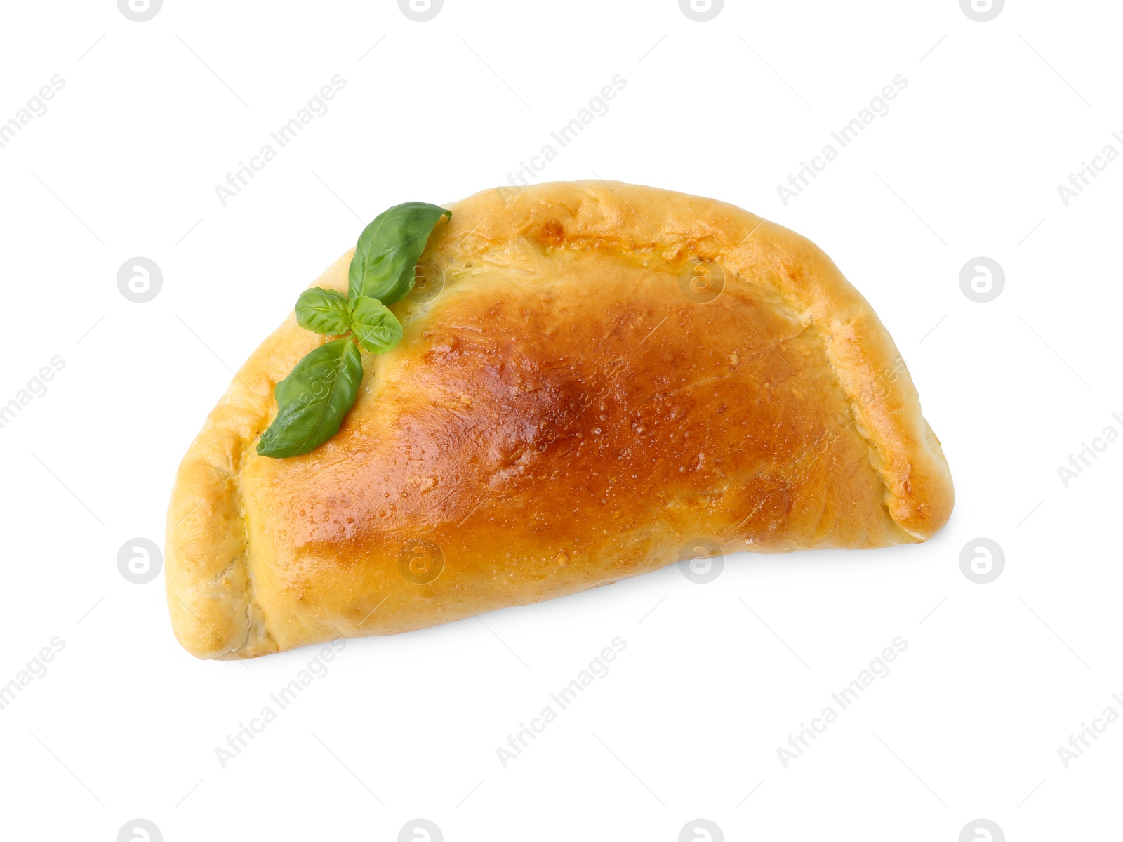 Photo of Tasty vegetarian calzone with basil isolated on white, top view