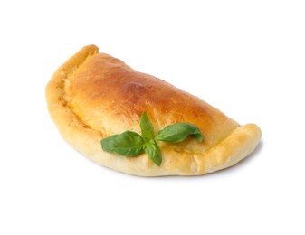 Photo of Tasty vegetarian calzone with basil isolated on white