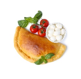 Photo of Tasty vegetarian calzone with basil, mozzarella cheese and tomatoes isolated on white, top view