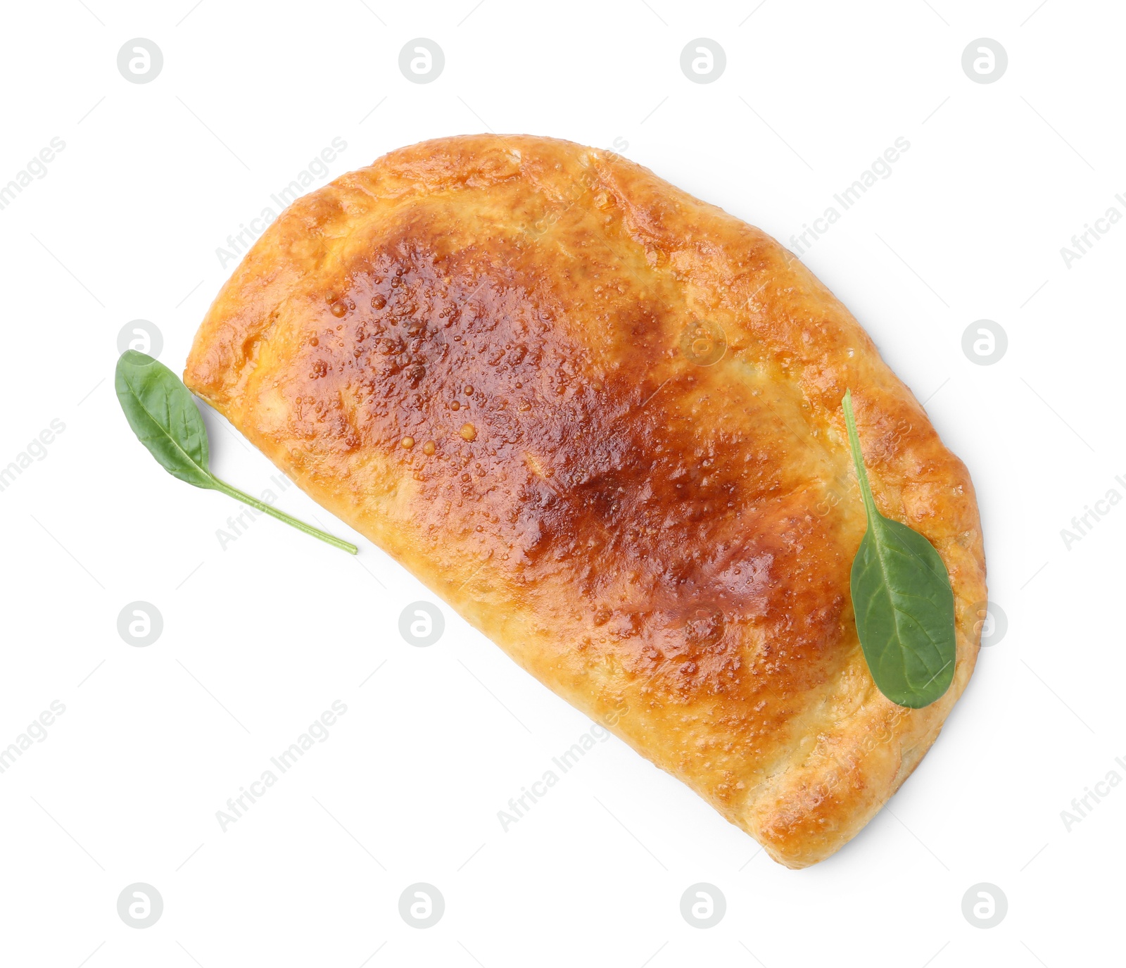 Photo of Tasty calzone with basil isolated on white, top view