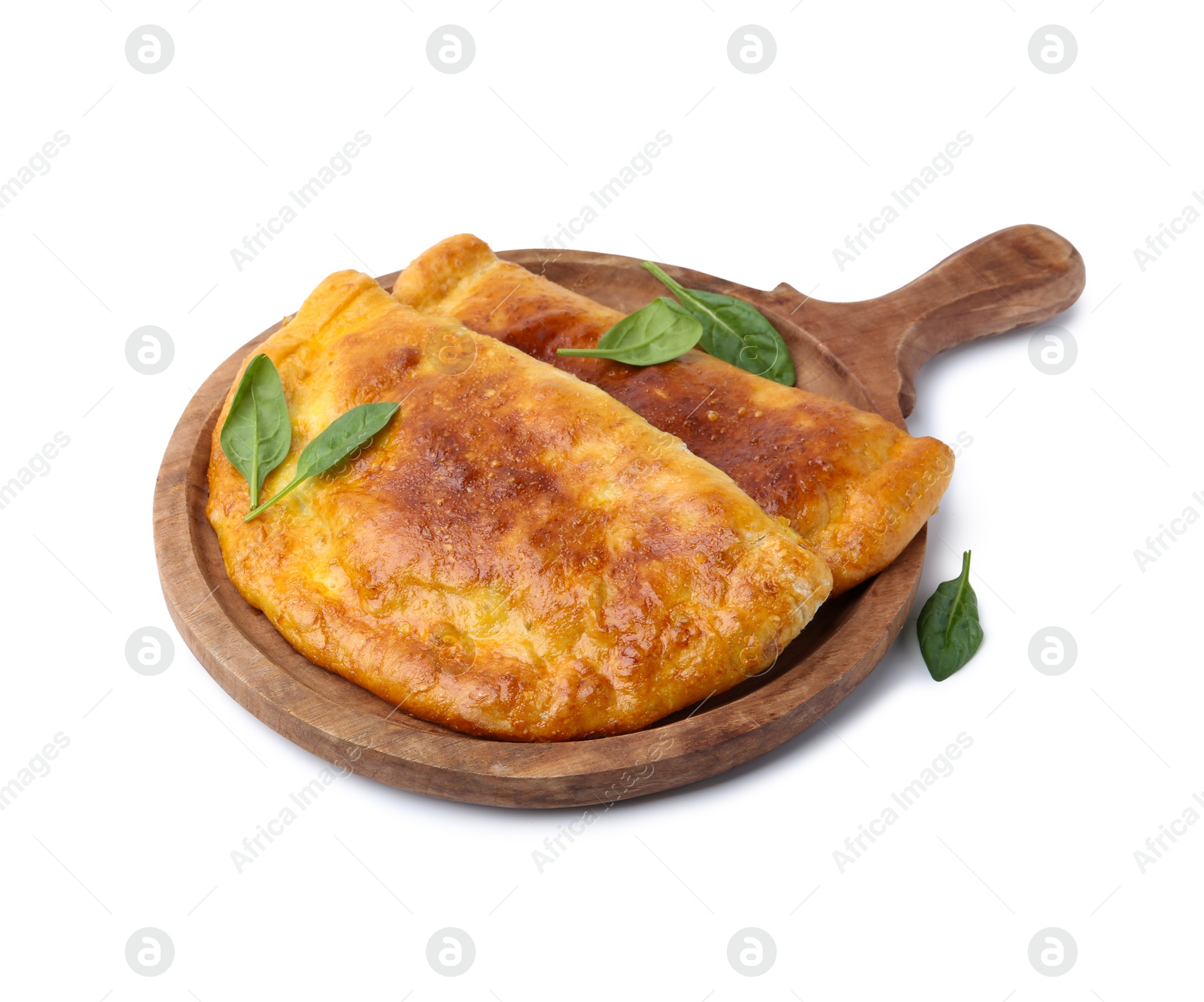 Photo of Tasty calzones with basil isolated on white