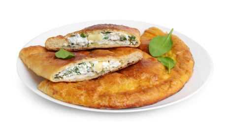 Photo of Tasty calzones with cheese and basil isolated on white