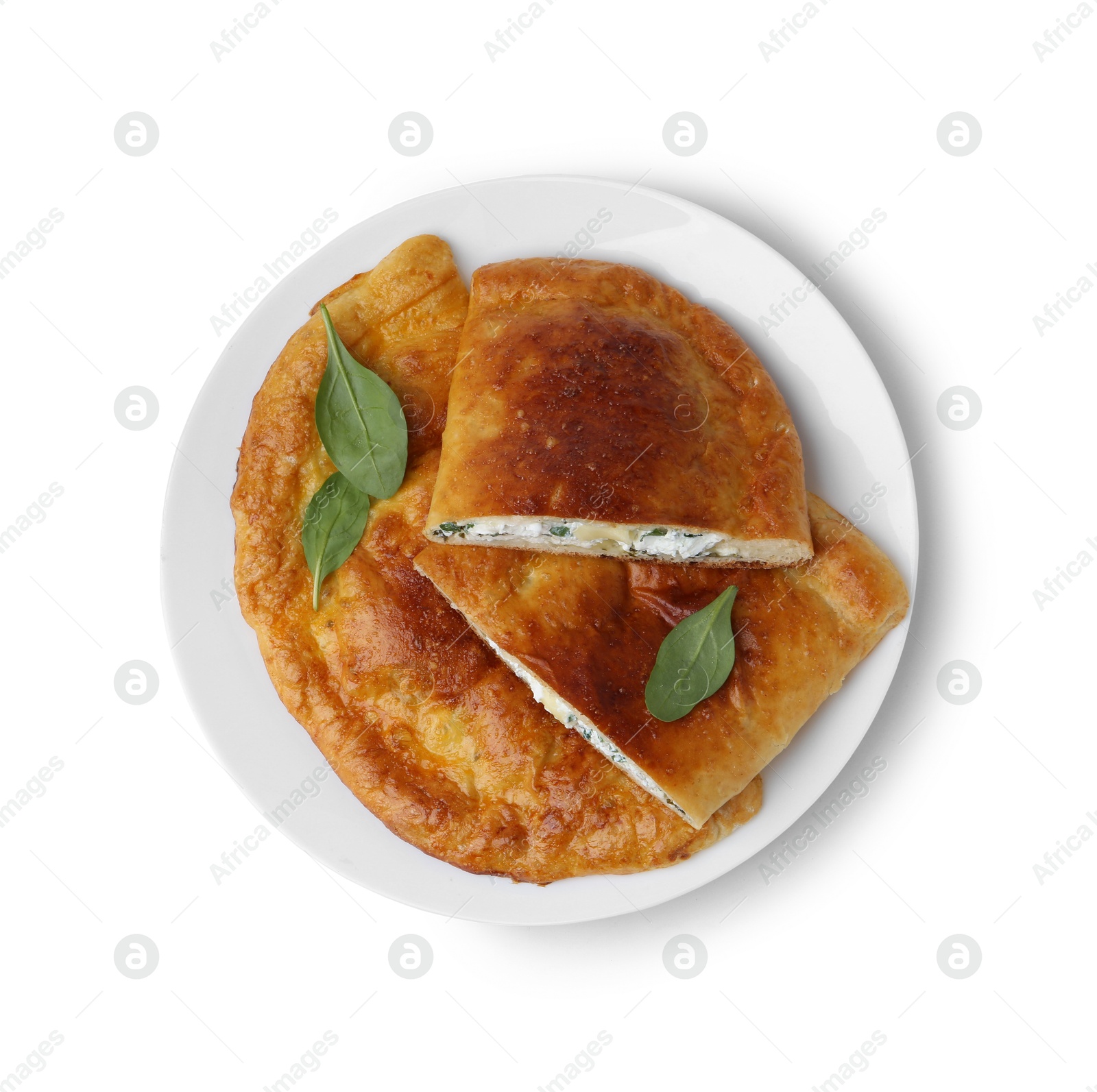 Photo of Tasty calzones with cheese and basil isolated on white, top view