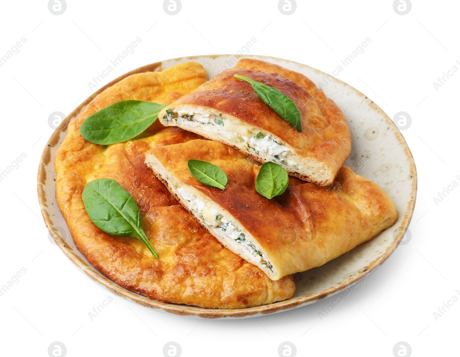 Photo of Tasty calzones with basil and cheese isolated on white