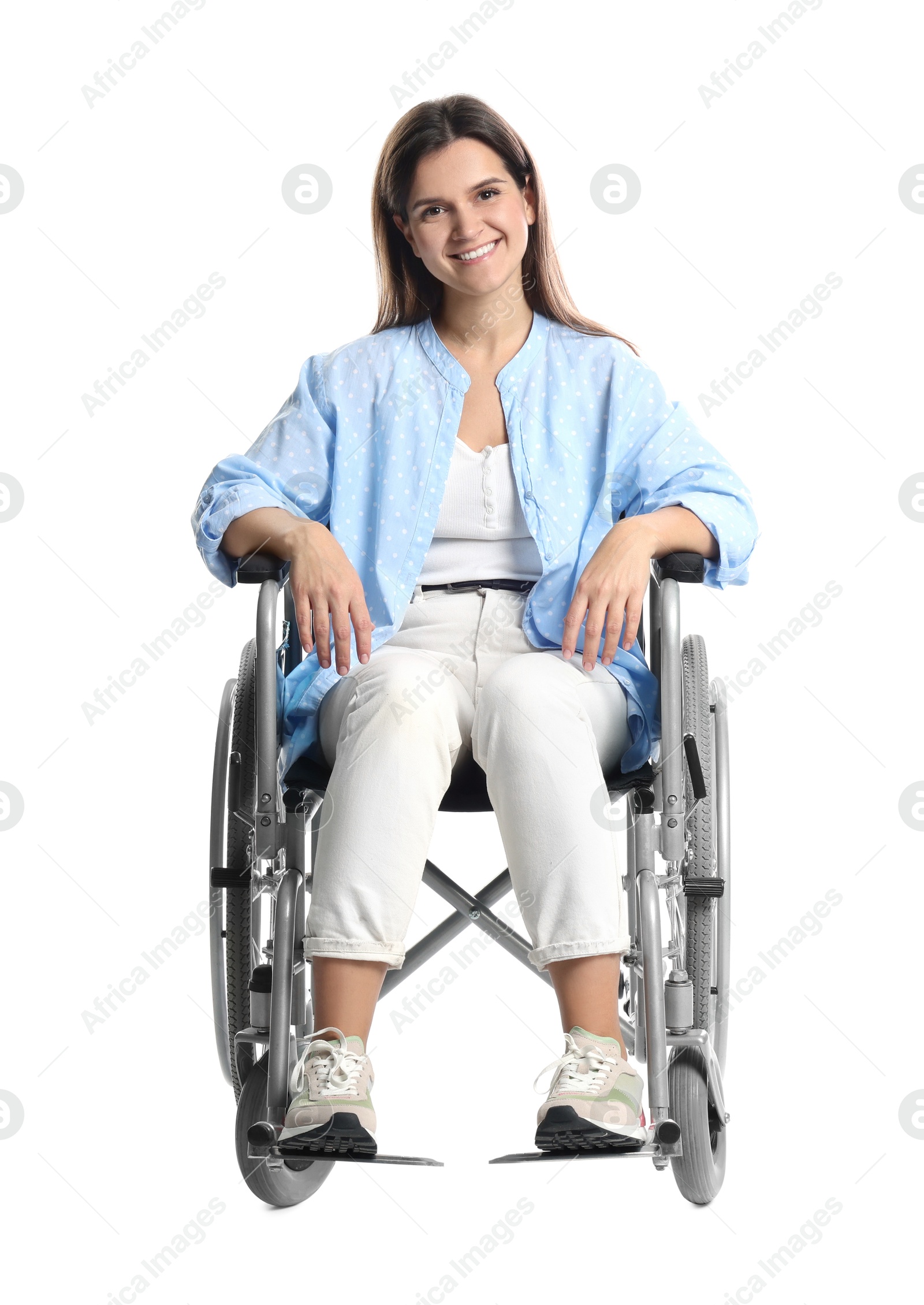 Photo of Smiling woman in wheelchair on white background