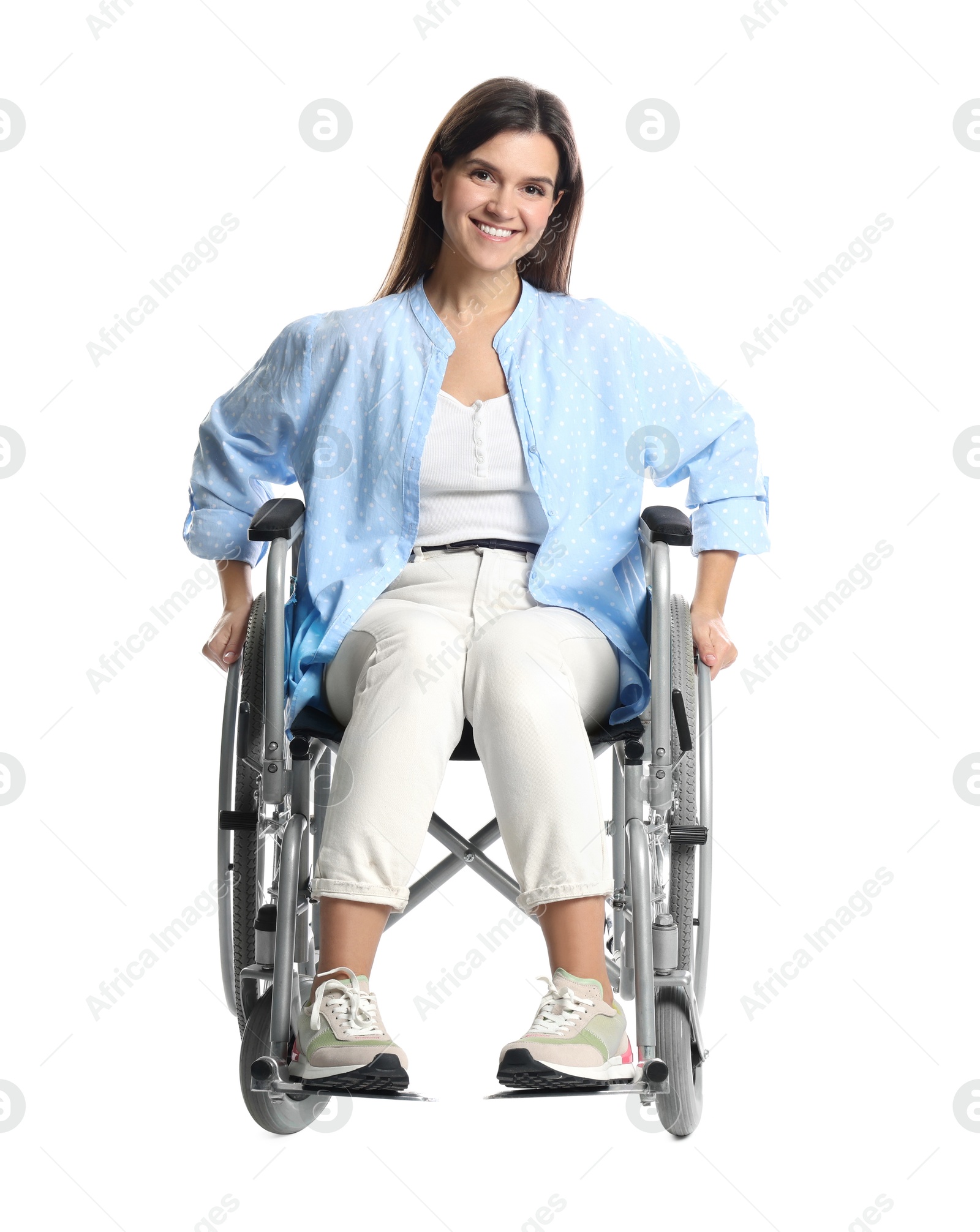 Photo of Smiling woman in wheelchair on white background