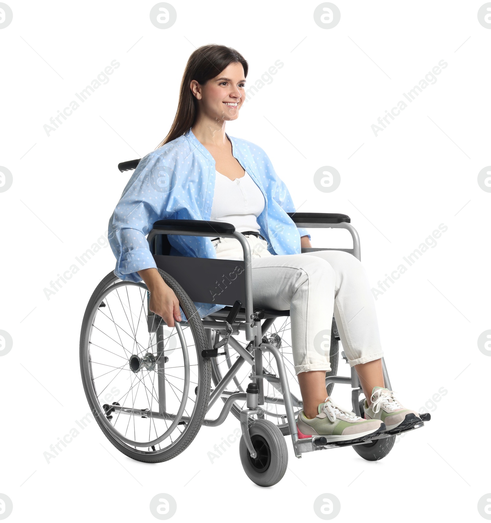 Photo of Smiling woman in wheelchair on white background