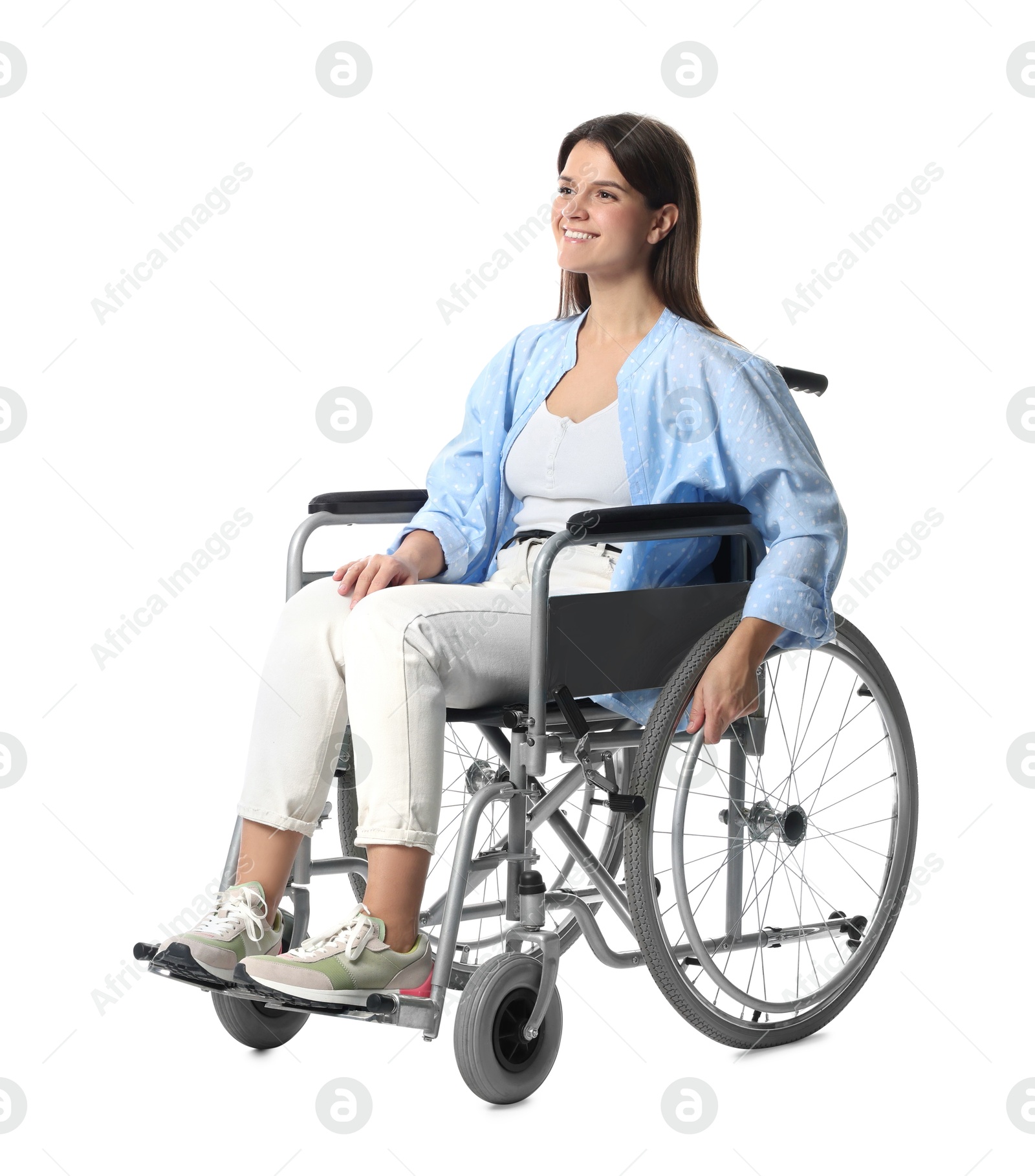 Photo of Smiling woman in wheelchair on white background