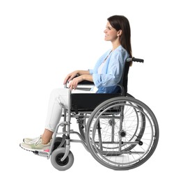 Photo of Smiling woman in wheelchair on white background