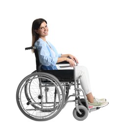 Photo of Smiling woman in wheelchair on white background