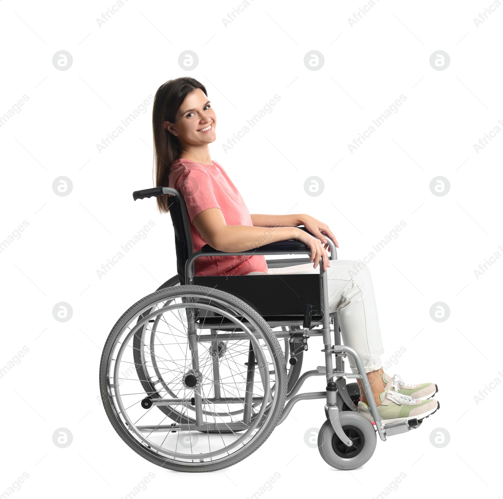 Photo of Smiling woman in wheelchair on white background