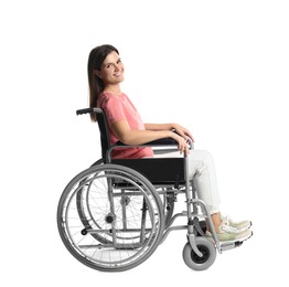 Photo of Smiling woman in wheelchair on white background