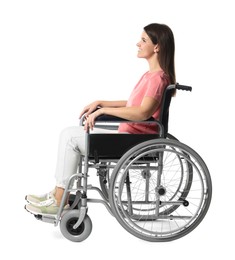 Photo of Smiling woman in wheelchair on white background