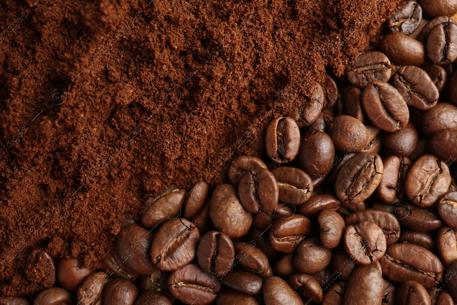 Photo of Ground coffee and roasted beans as background, top view