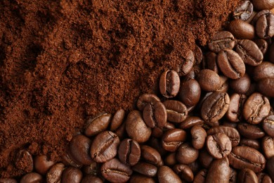 Photo of Ground coffee and roasted beans as background, top view