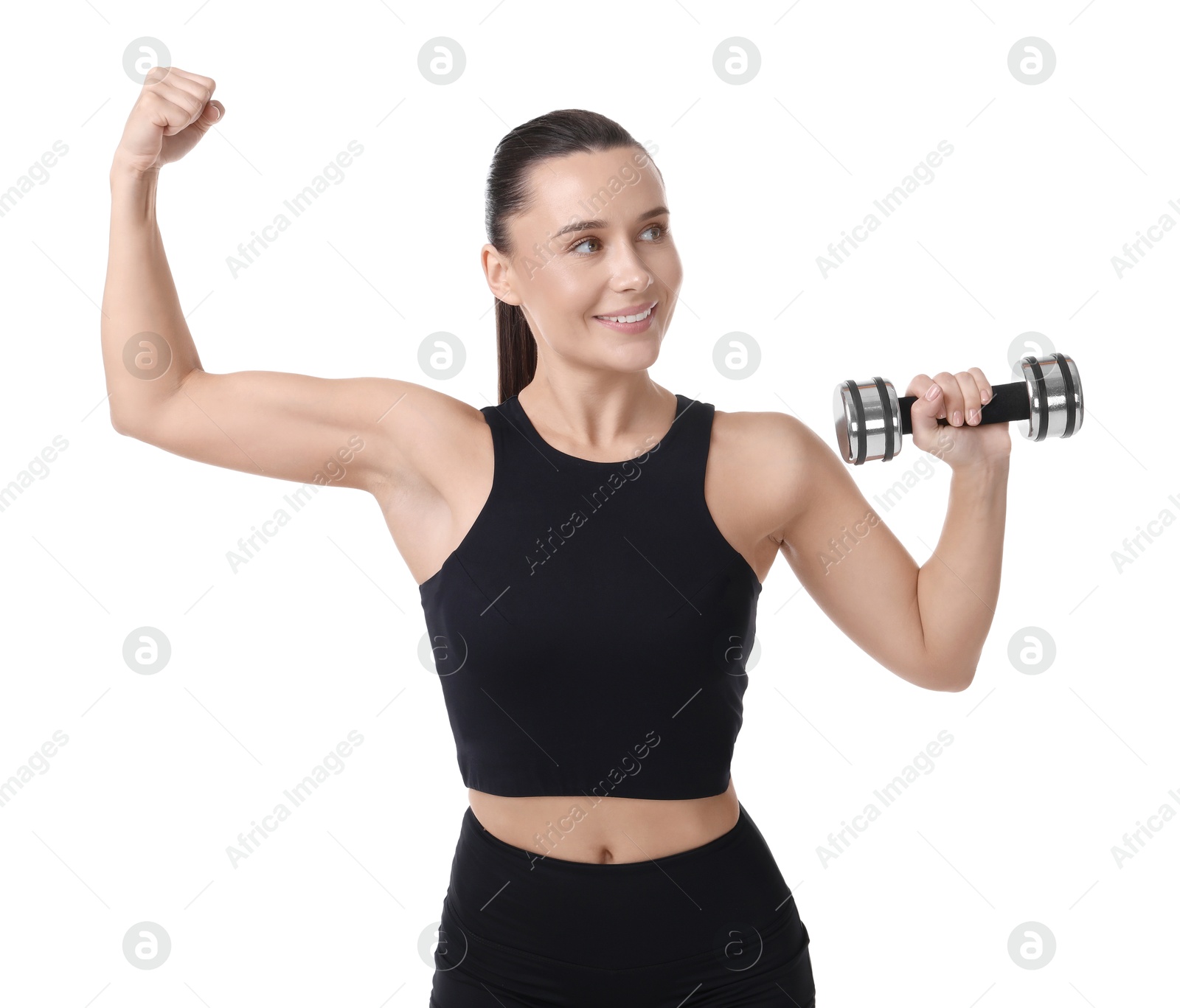 Photo of Woman exercising with dumbbell on white background