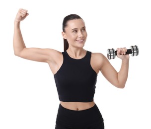 Photo of Woman exercising with dumbbell on white background