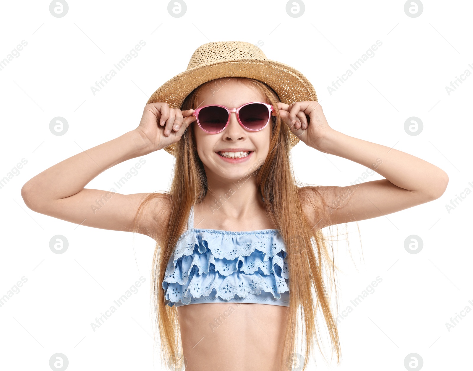 Photo of Little girl in beachwear on white background