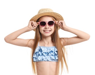 Little girl in beachwear on white background