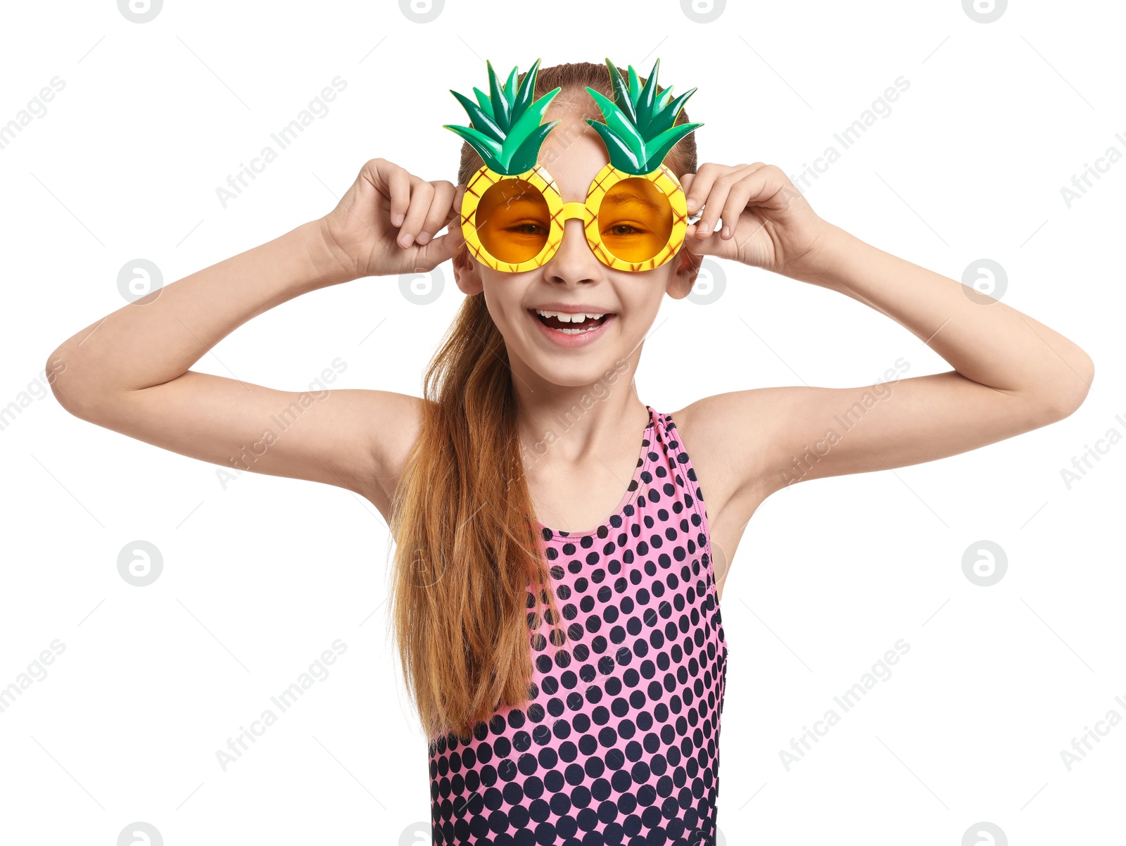 Photo of Happy girl in beachwear and sunglasses on white background