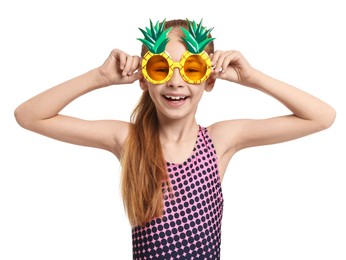 Happy girl in beachwear and sunglasses on white background