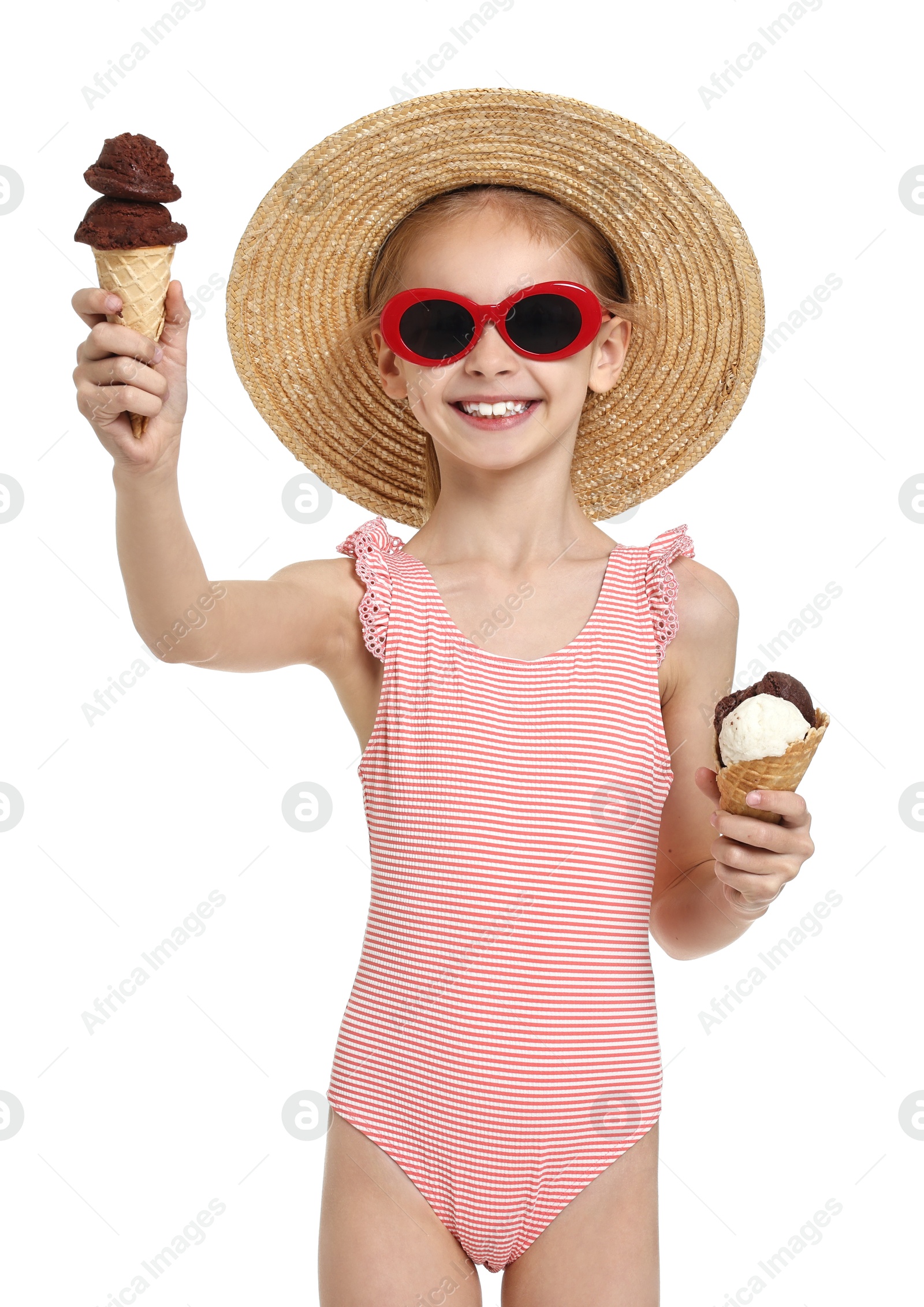 Photo of Happy girl in beachwear with ice cream on white background