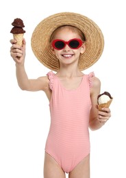 Happy girl in beachwear with ice cream on white background