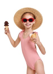 Photo of Happy girl in beachwear with ice cream on white background